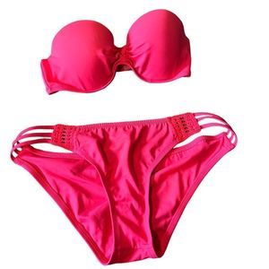 Victoria’s Secret Bikini in Hot Pink Bottom Sz Large Strapless Top 32 D Push Up